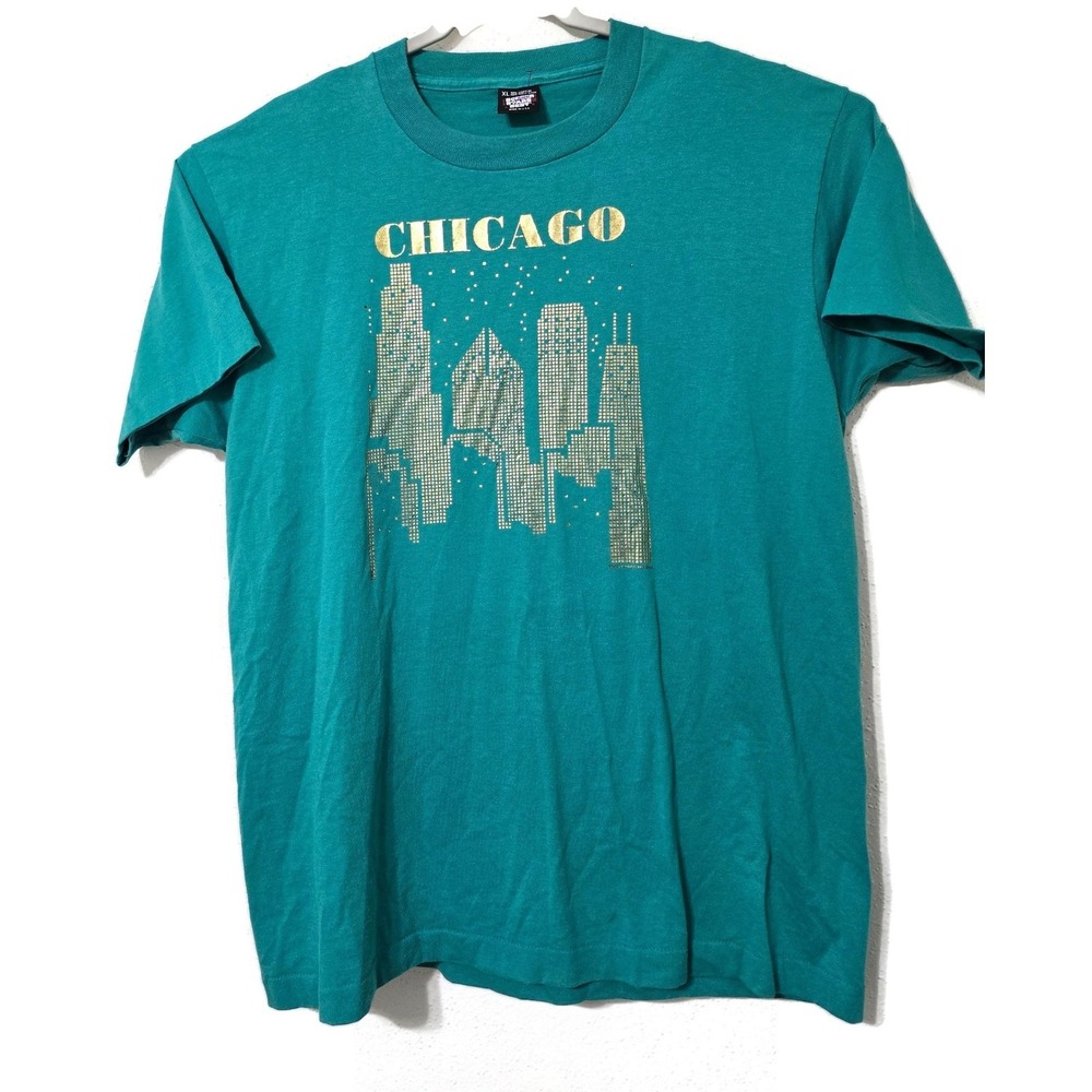 Vintage Chicago Shirt Mens XL Green Skyline Graphic Tee Screen Stars Best USA